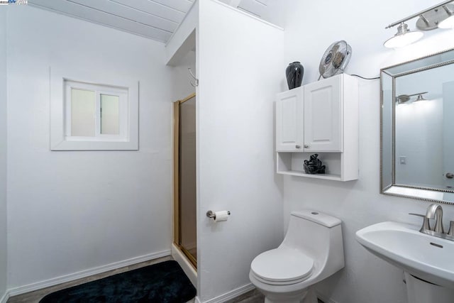 bathroom featuring sink, a shower with door, and toilet