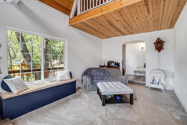 carpeted living room featuring wooden ceiling