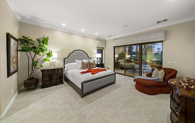 carpeted bedroom with access to exterior and ornamental molding