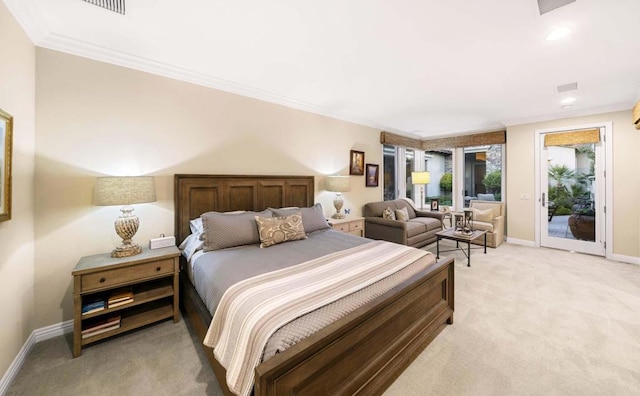 bedroom featuring access to outside, crown molding, and light colored carpet