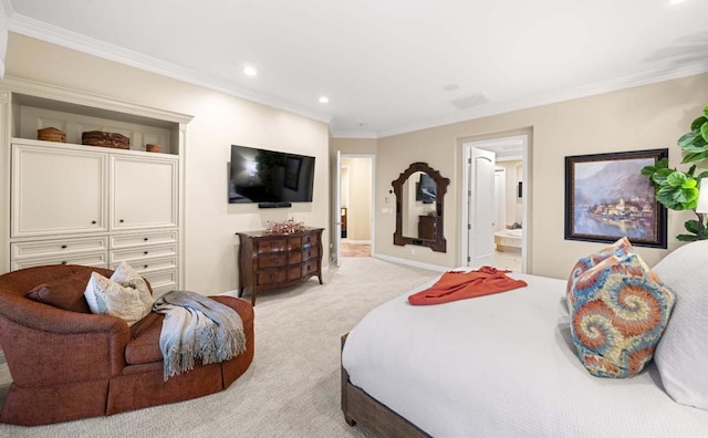 bedroom featuring light carpet, ensuite bathroom, and ornamental molding