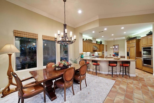 tiled dining area with ornamental molding and a chandelier