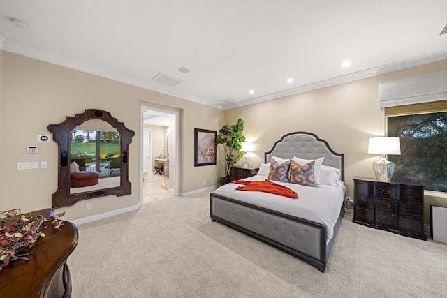 carpeted bedroom with crown molding