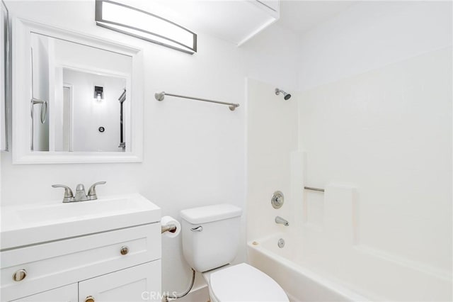 full bathroom with toilet, vanity, and bathing tub / shower combination