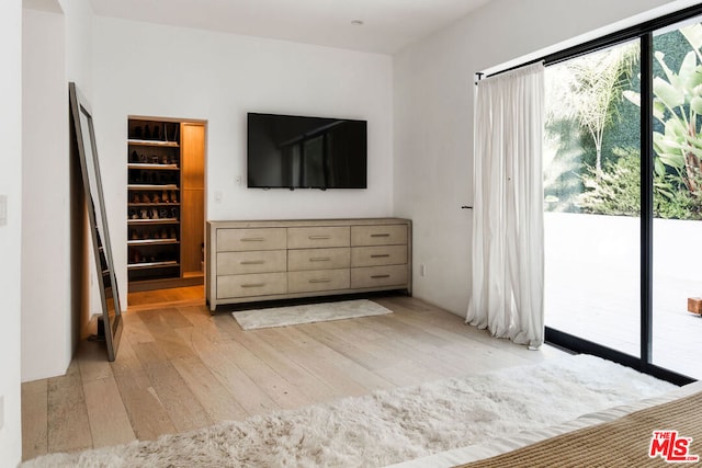 bedroom with access to exterior and light hardwood / wood-style floors