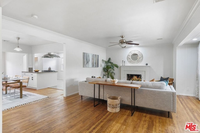 living room featuring ceiling fan, ornamental molding, a fireplace, and light hardwood / wood-style floors