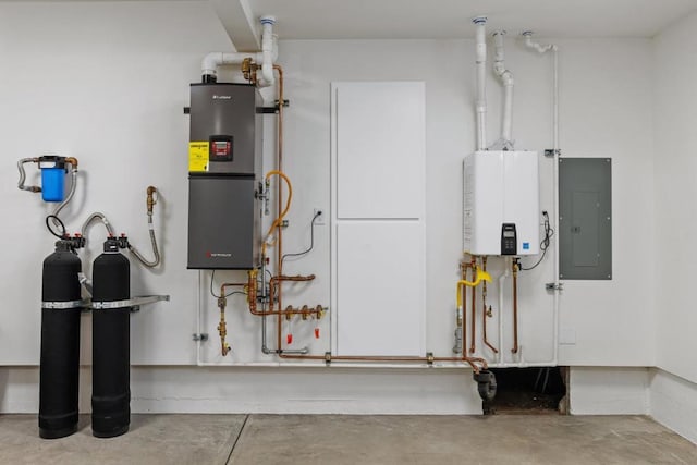 utility room featuring electric panel and water heater