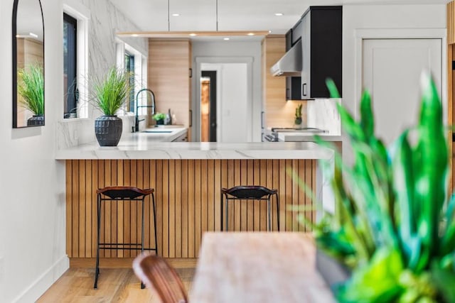 kitchen featuring light stone countertops, sink, and light hardwood / wood-style floors