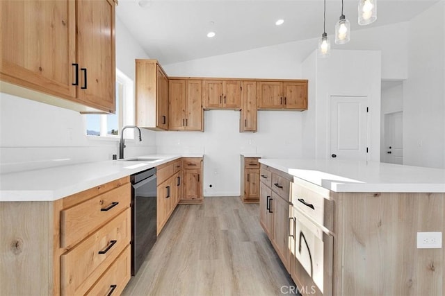 kitchen with sink, decorative light fixtures, dishwasher, a center island, and lofted ceiling