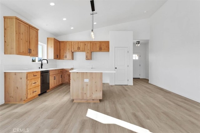 kitchen featuring dishwasher, a center island, light hardwood / wood-style floors, and sink