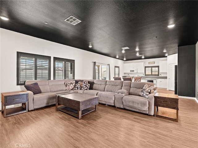 living room with plenty of natural light, light hardwood / wood-style floors, and a textured ceiling