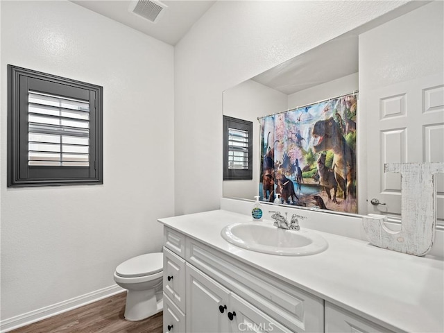 bathroom with vanity, a wealth of natural light, wood-type flooring, and toilet