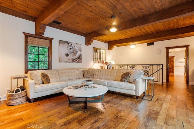 living room with hardwood / wood-style floors, beam ceiling, and wooden ceiling