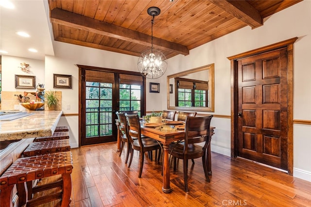 dining room with beam ceiling, french doors, wooden ceiling, and a notable chandelier