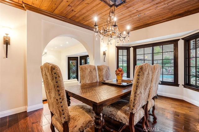 dining area featuring dark hardwood / wood-style flooring, crown molding, a notable chandelier, and wood ceiling