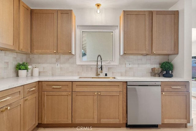 kitchen featuring dishwasher, tasteful backsplash, a healthy amount of sunlight, and sink