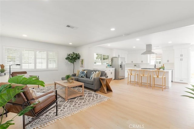 living room featuring a healthy amount of sunlight and light hardwood / wood-style floors