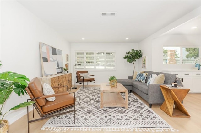 living room with light hardwood / wood-style flooring