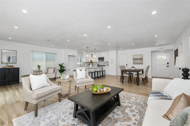 living room with sink and light hardwood / wood-style flooring