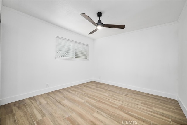 unfurnished room with light hardwood / wood-style flooring, ceiling fan, and crown molding