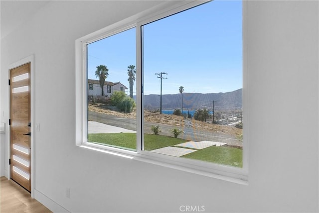 doorway with a mountain view and light hardwood / wood-style flooring