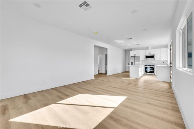 unfurnished living room with sink and light hardwood / wood-style floors