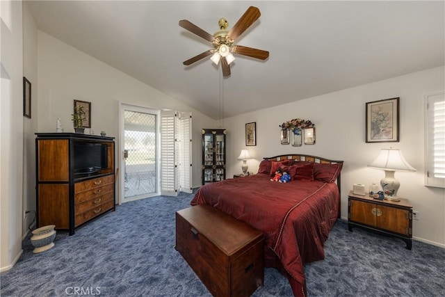 carpeted bedroom with vaulted ceiling, access to outside, baseboards, and ceiling fan