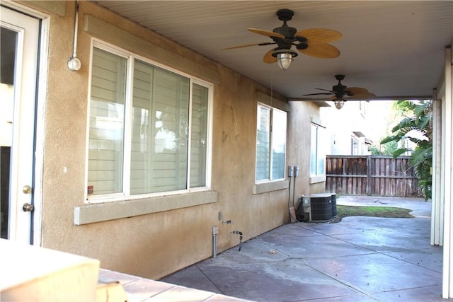 exterior space with ceiling fan and central air condition unit