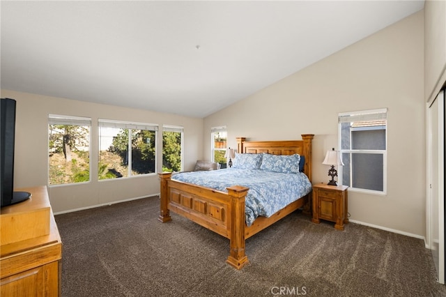 carpeted bedroom featuring lofted ceiling