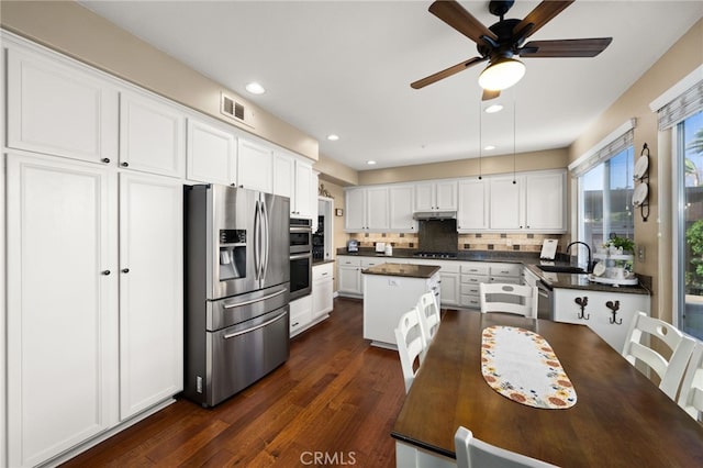 kitchen with stainless steel appliances, sink, white cabinetry, ceiling fan, and a kitchen island