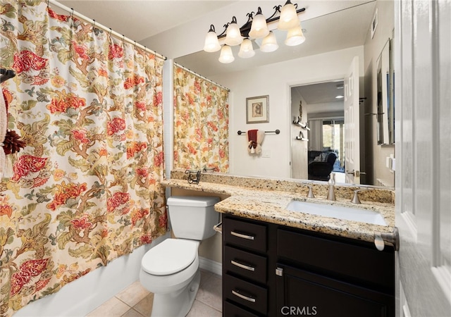 full bathroom featuring vanity, tile patterned flooring, toilet, and shower / tub combo with curtain