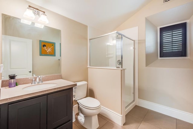 bathroom featuring tile patterned floors, a shower with door, vaulted ceiling, and toilet