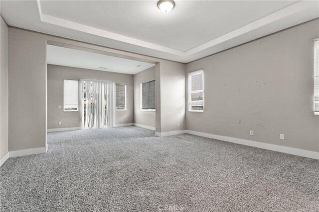 carpeted empty room featuring a tray ceiling