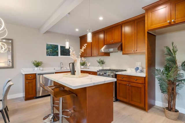 kitchen featuring stainless steel appliances, sink, light wood-type flooring, hanging light fixtures, and beamed ceiling