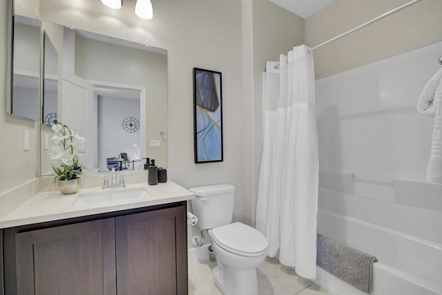 full bathroom with tile patterned flooring, vanity, toilet, and shower / bathtub combination with curtain