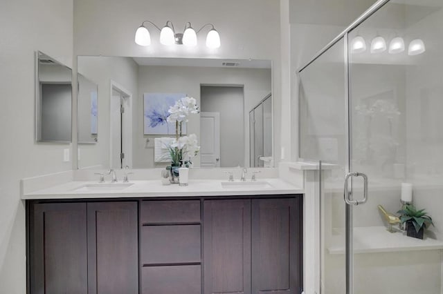 bathroom featuring vanity and a shower with shower door