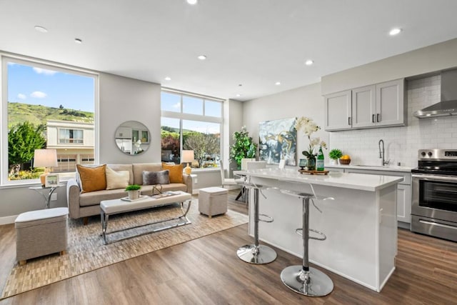 kitchen with decorative backsplash, stainless steel range with electric stovetop, sink, light hardwood / wood-style flooring, and a kitchen island