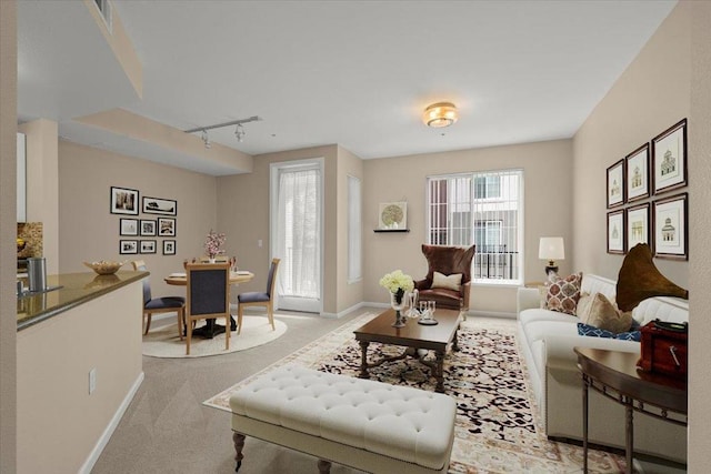 living room featuring track lighting and light colored carpet