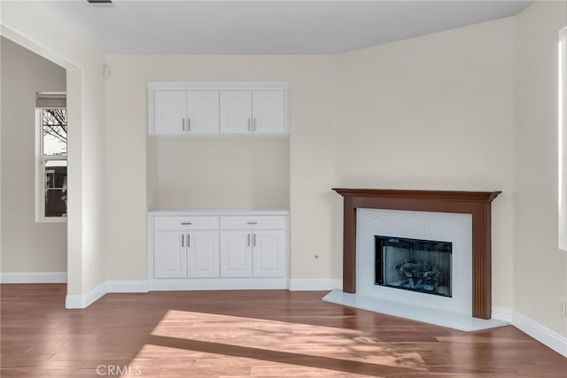 unfurnished living room featuring wood-type flooring and a premium fireplace