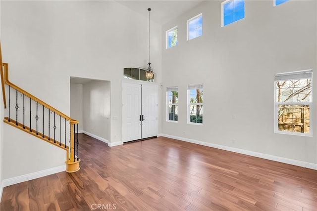 foyer with a high ceiling and hardwood / wood-style flooring