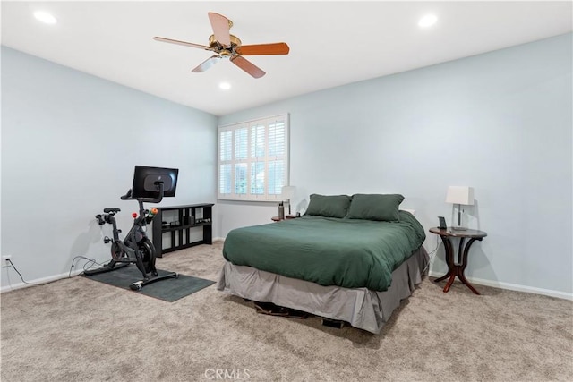 carpeted bedroom with ceiling fan