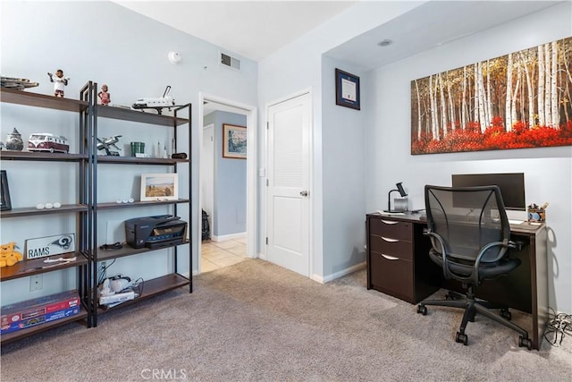 home office with light carpet