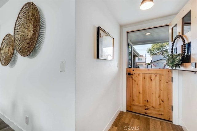 doorway with dark hardwood / wood-style floors