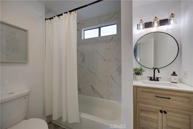 full bathroom featuring shower / bath combination with curtain, vanity, and toilet