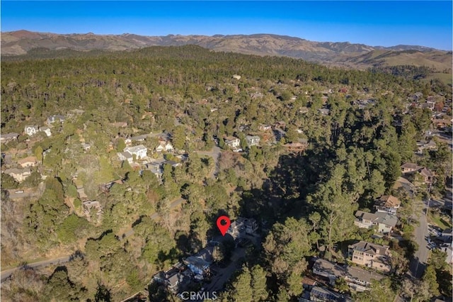 aerial view with a mountain view and a view of trees