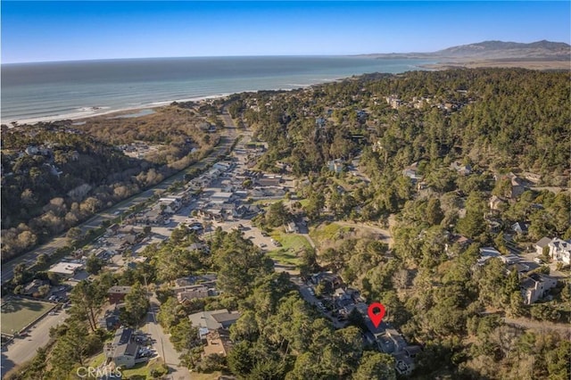 aerial view featuring a water view and a view of the beach