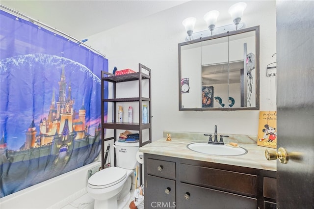 full bathroom featuring toilet, shower / tub combo, and vanity