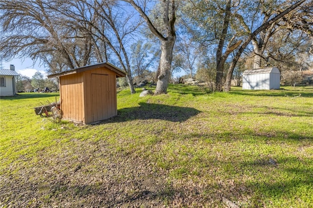 view of yard with a storage shed