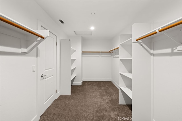 spacious closet with dark colored carpet