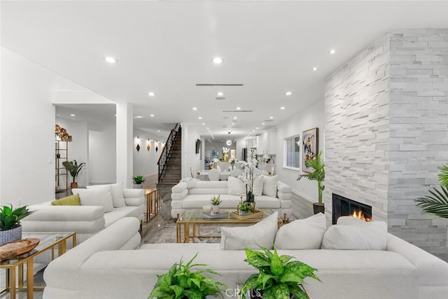 5157 Avenida Oriente, Tarzana, CA 91356 - living area with recessed lighting, stairs, and a stone fireplace
